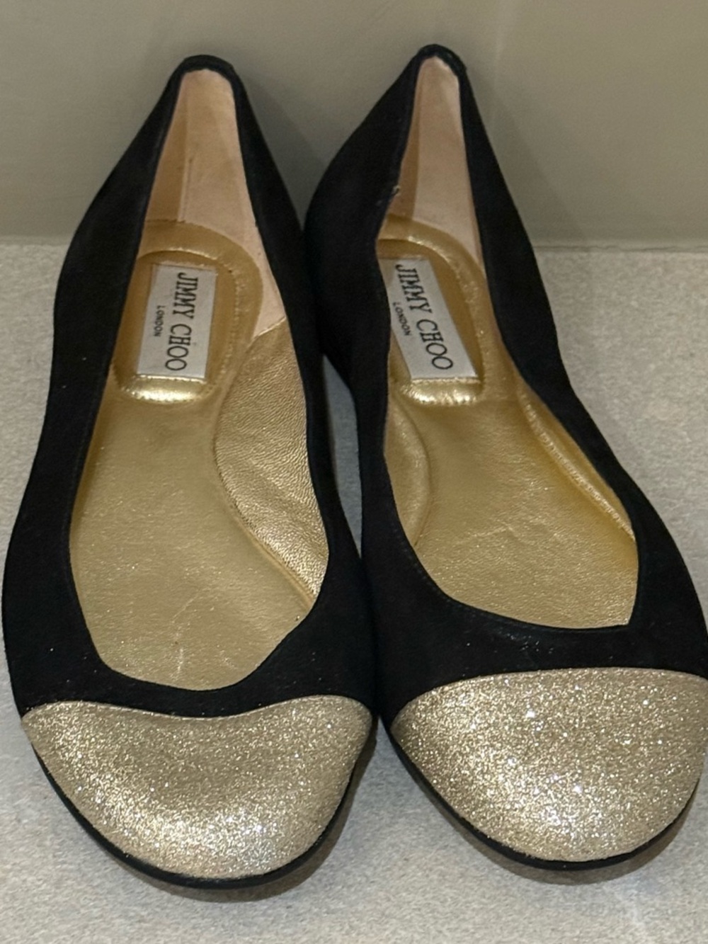 •Jimmy Choo• Gaze Black Suede Ballet Flats Gold Toe Slip On Shoes Women size 38